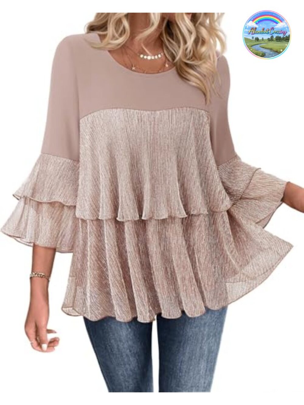 Sparkly Peplum Blouse 3/4 Sleeve Ruffle Mesh Evening Top